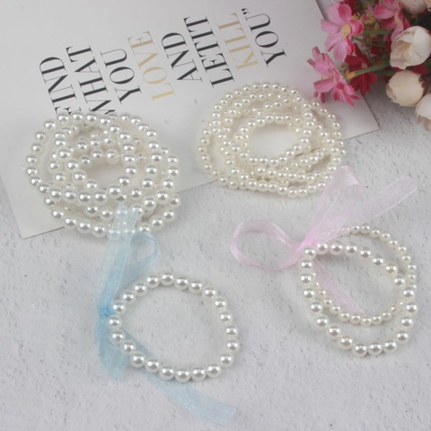 Elegant Plastic Imitation Artificial Pearl Beaded Bracelet With Ribbon Bow Decoration For Sweet Girls Kids Jewelry Accessory