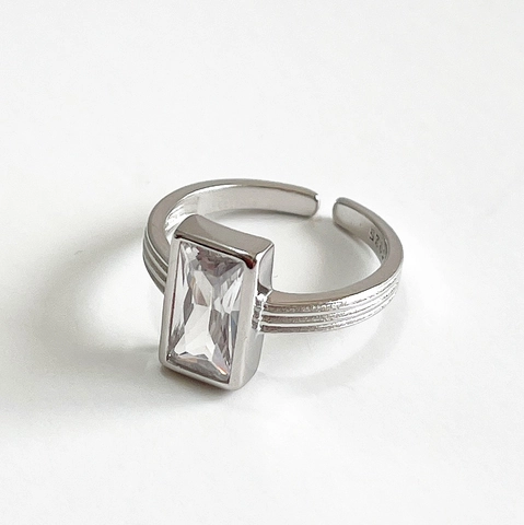 Anello In Argento Sterling 925 Zircone Rettangolare Taglio Smeraldo Regolabile Minimalista Geometrico Da Donna