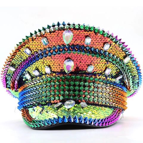 Gorra De Capitán Con Lentejuelas Brillantes Y Remaches Coloridos Diamantes De Imitación Sombrero De Marinero Para Fiesta Festival