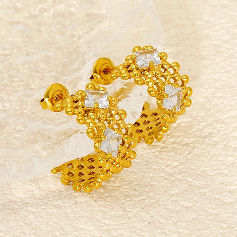Vintage U-Shaped Hoop Earrings For Women 18K Gold Plated Stainless Steel With Square Zircon Inlay Fashion Jewelry