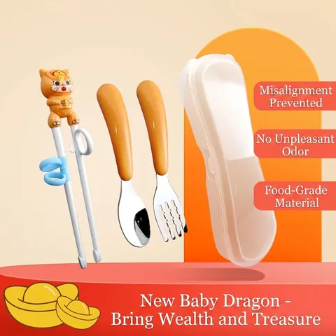 Kids Cartoon 304 Stainless Steel Spoon Fork And Training Chopsticks With Portable Storage Box For Baby Feeding Learning