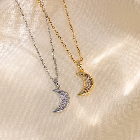 Collar Con Colgante De Luna Acero Inoxidable Chapado En Oro De 18K Diamantes De Imitación Joyería Para Mujeres