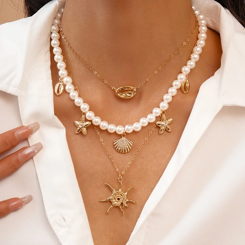 Collier Multirang Bohème Pendentifs Étoile De Mer Coquillage Künstliche Perles D'imitation Alliage Strass Bijoux De Plage Vacances Pour Femmes
