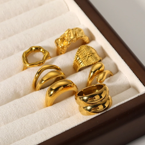 Bagues Géométriques En Acier Inoxydable Plaqué Or 18K Double Couche Vague Texturée Zircon Bijoux Minimalistes