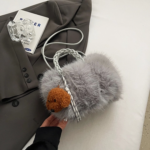 Borsa A Mano In Peluche Ecopelliccia Ciondolo Cane Carino Manico Intrecciato Chiusura Magnetica Borsa A Tracolla Da Donna