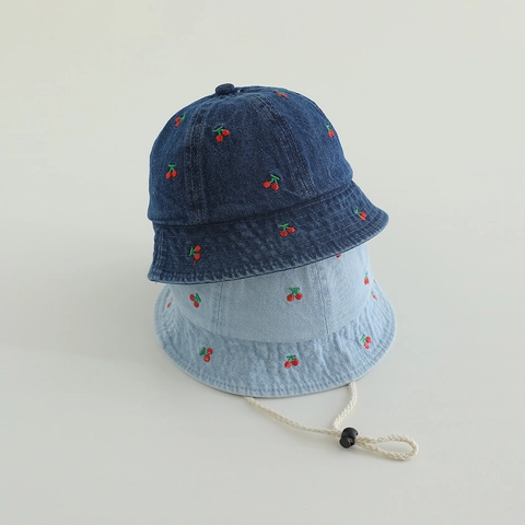 Cappello Da Pescatore Neonato Bambina Cotone Denim Ciliegia Ricamata Protezione Solare Corda Antivento Regolabile Estate