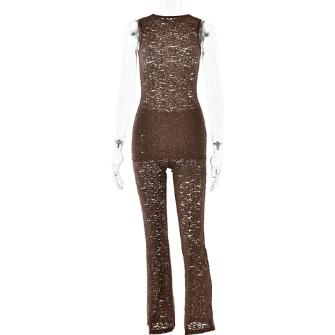 Sexy Lace Sleeveless Round Neck Top And Long Pants Transparent Slim Fit Streetwear For Women Solid Color