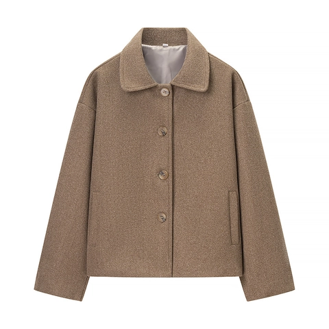 Chaqueta Corta De Lana Mujer Cuello Solapa Botones Ajuste Holgado Color Sólido Casual
