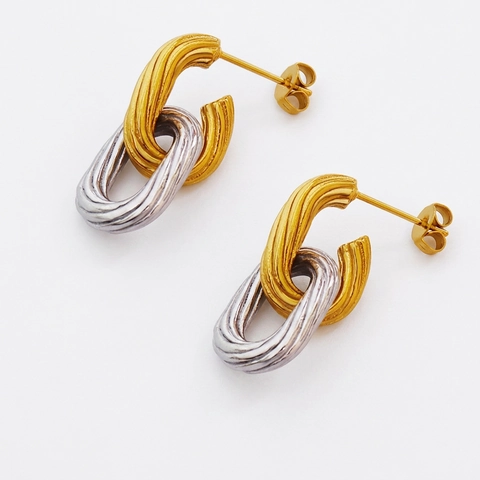 Titanium Steel Gold Silver Two Tone Oval Twisted Hoop Earrings For Women Geometric Minimalist Embossed Texture Earrings