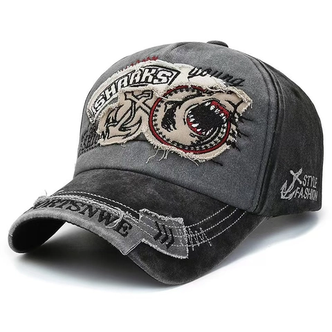 Casquette De Baseball En Coton Lavé Rétro Broderie Requin Chapeau De Soleil Réglable Homme Femme