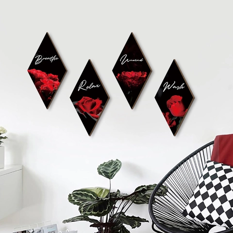 Diamond Shaped Wood Wall Decor Plaques Floral Rose Pattern Relax Breathe Motivational Words Farmhouse Signs For Bathroom
