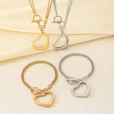 Collana E Bracciale Con Pendente A Cuore Cavo Acciaio Inossidabile Chiusura A Commutazione Catena Gioielli Donna