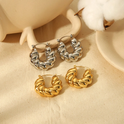 Boucles D'Oreilles Croissant Acier Inoxydable Plaqué Or 18K Torsadé Creux En Forme De U Bijoux Style Vintage Français