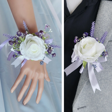 Wedding Boutonniere And Wrist Corsage Artificial White Rose Purple Lavender Satin Ribbon Satin Flower Groom Bridesmaid Prom