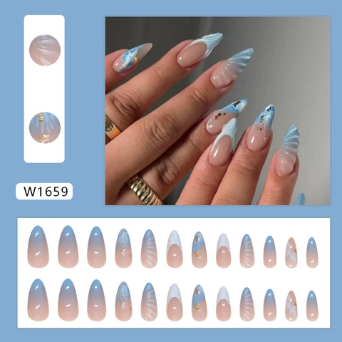 Ozean Thema Press On Nägel Mandelform 3D Muschel Textur Blau Rosa Farbverlauf Goldfolie Französisch Künstliche Nägel