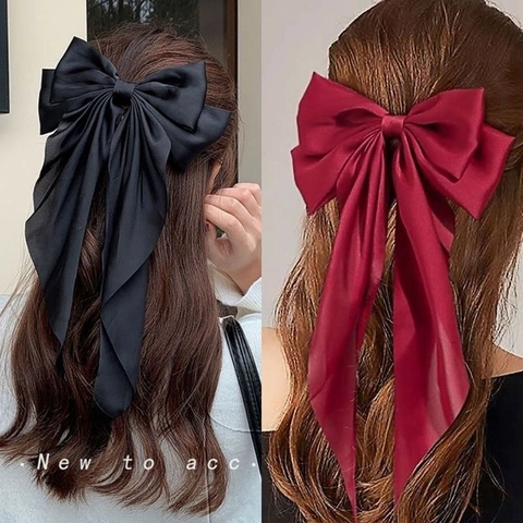 Large Bow Hair Clip Satin Long Ribbon Streamers Vintage French Style Hair Accessories For Women Girls
