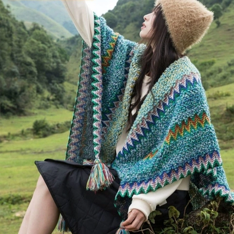 Châle Poncho Femme Ethnique Vintage Tricoté en Chaîne Bohème Motif Vagues Zigzag Cape à Franges Polyester Écharpe de Voyage