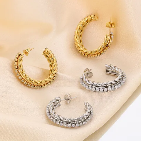 Pendientes De Aro En C Acero Inoxidable Diseño De Cuerda Retorcida Con Diamantes De Imitación Joyería De Lujo Vintage Para Mujer