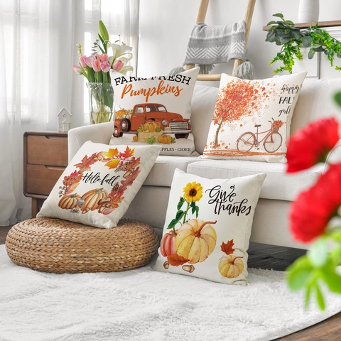 Housses De Coussin Automne Thanksgiving Lin Citrouille Feuille Érable Camion Rouge Tournesol Décoratif Carré Sofa