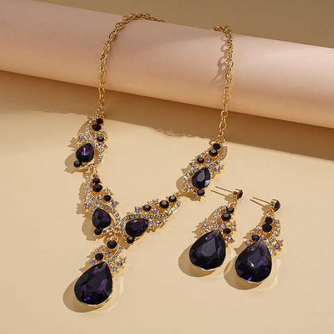 Collier Et Boucles D'oreilles Goutte D'eau Vintage En Pierre Gemme Violette Avec Strass Base En Cuivre Mariage Pour Femmes
