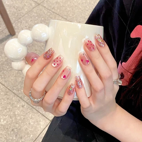 Uñas Postizas Press On Hechas A Mano Cat Eye Rosa Purpurina Corazón Cuadradas Redondas Para Mujeres