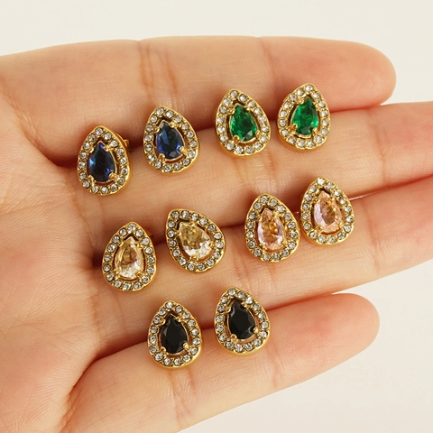 Wassertropfen Ohrstecker Edelstahl 18K Vergoldet Bunte Zirkonia Halo Wassertropfen Modeschmuck Frauen Geschenk