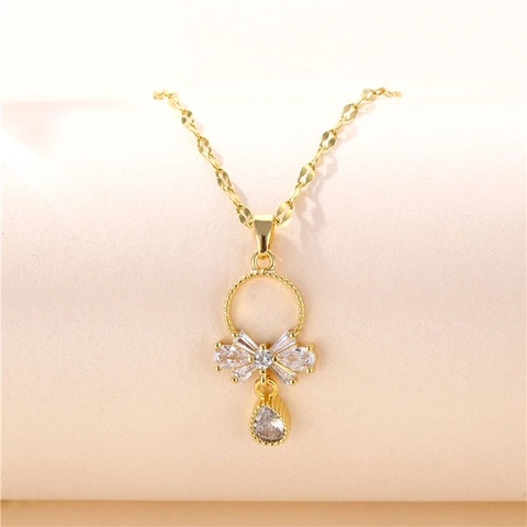 Bowknot Pendant Necklace Titanium Steel Brass Water Drop Teardrop Zircon Inlaid Lip Chain Jewelry For Women