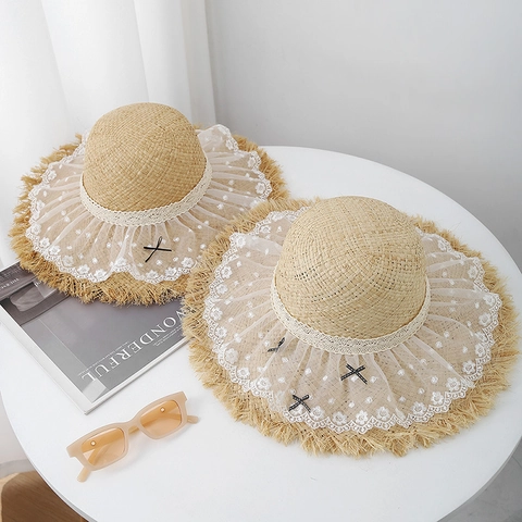 Chapeau De Paille Femme Avec Dentelle Et Nœud Respirant Large Bord Style Vacances Plage Été