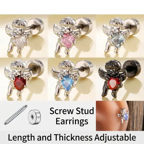 Boucle D'oreille Ange Cupidon Coeur Zircone Titane Acier Avec Fermoir À Vis Cartilage Stud Piercing Bijoux Pour Femmes Style Doux
