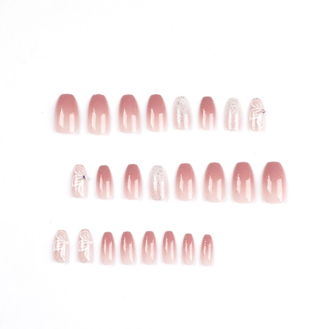 Faux Ongles à Presser Dégradé Rose Paillettes Forme Cercueil Long Avec Nœud Papillon Strass Motif Papillon Faux Ongles Français