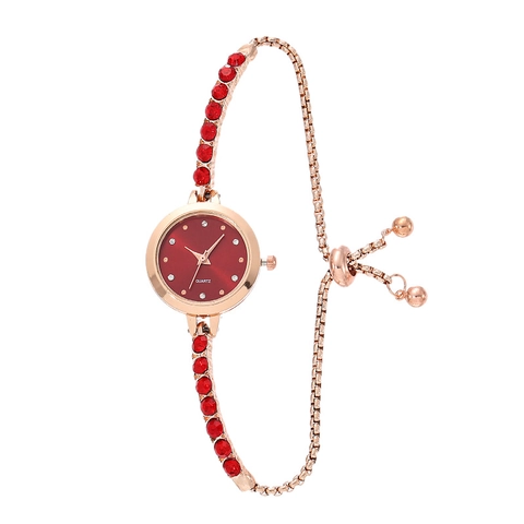 Women Quartz Watch Alloy Rhinestone Bracelet Rose Gold Round Dial Adjustable Slider Elegant Fashion Luxury For Lady