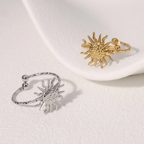 Anillo Ajustable Abierto Sol Acero Inoxidable Chapado En Oro 18K Textura Martillada Joyas De Moda Mujer
