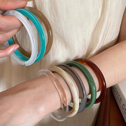 Retro Resin Bangle Bracelet Minimalist Acrylic Faux Marble Amber Tortoiseshell Chunky Wide Hand Cuff Women Jewelry