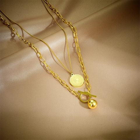 Collier Multi Rangs Vintage En Acier Inoxydable Plaqué Or Avec Pendentif Pièce Portrait Et Boule Fermoir Bascule Bijou Femme