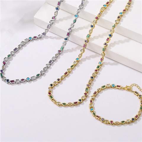 Copper 18K Gold Plated Necklace And Bracelet Multi Color Geometric Zircon Irregular Fashion Jewelry For Women