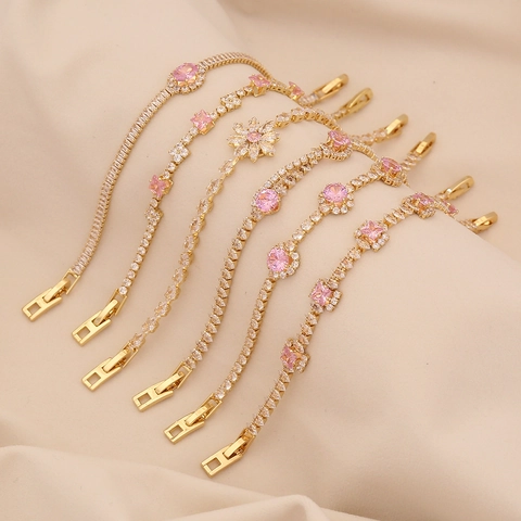Women Copper Zircon Bracelet Pink White Crystal Floral Folding Clasp Elegant Luxury Jewelry Hand Chain Accessory
