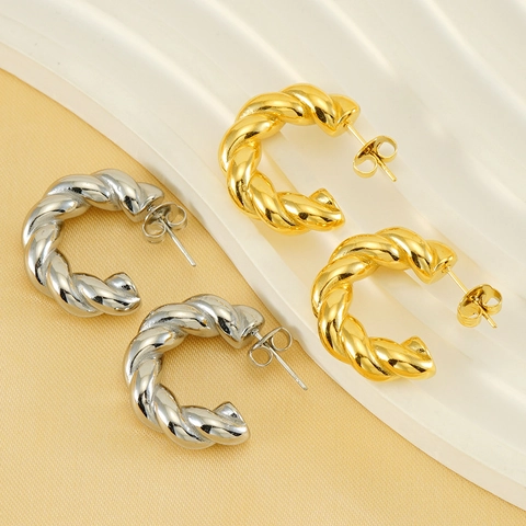 Pendientes De Aro Retorcidos Acero Inoxidable Chapado En Oro De 18K Forma De C Joyería Retro Minimalista