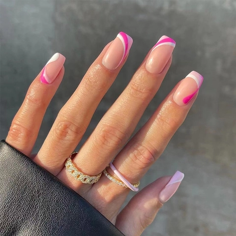 Unghie Finte Press On French Tip Rosa Bianco Onda Lungo Quadrato Per Donne