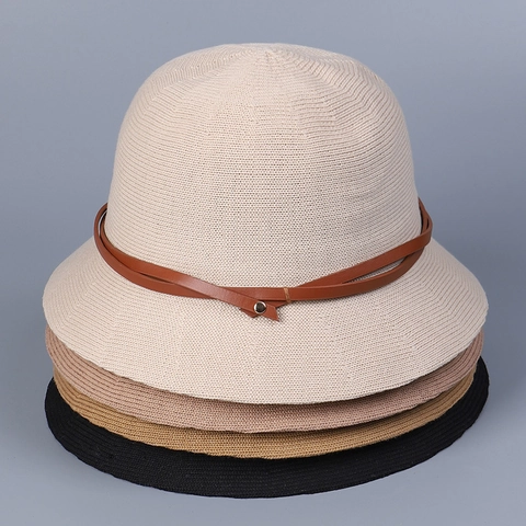Chapeau Bob Tricoté Femmes Coton Polyester Respirant Protection Solaire Léger Mode Vintage Avec Boucle En Cuir