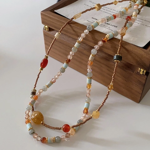 Handmade Beaded Necklace Natural Stone Agate Tiger Eye Artificial Pearl Metal Bohemian Vintage Style Jewelry For Women