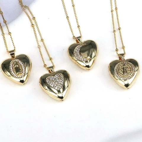 Collana Pendente Cuore Rame Placcato Oro Zircone Vergine Maria Luna San Benedetto Medaglione Gioielli Vintage Donne