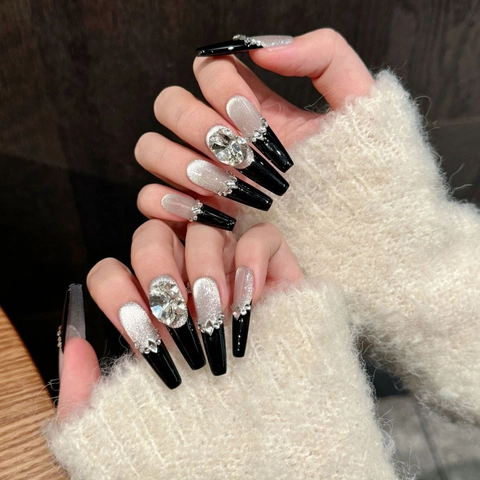 Handmade Press On Nails Black Silver Gradient Long Coffin Luxury Rhinestone Glitter Removable Fake Nails For Women Cool Style