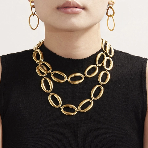 High Polished Stainless Steel Oval Link Jewelry Set For Women 24K Gold Plated Chunky Chain Necklace Bracelet Fashion Accessories