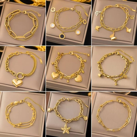Stainless Steel Bracelet For Women Double Layer Chain Heart Butterfly Charm Jewelry 18K Gold Plated Adjustable Fashion