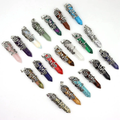 Natural Gemstone Hexagonal Column Pillar Pendant Necklace Vintage Alloy Flower Wrap Bohemian Healing Crystal Jewelry For Women