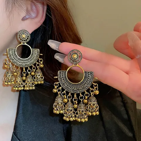 Vintage Ethnic Bohemian Jhumka Σκουλαρίκια Για Γυναίκες Κράμα Σχήμα Βεντάλιας Καμπάνα Με Ασημένια Βάση Σκουλαρικιού