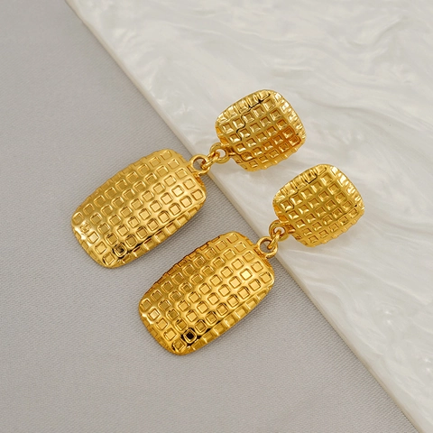 Stainless Steel Geometric Drop Earrings 18K Gold Plated Waffle Texture Grid Pattern Square Rectangle Elegant Women