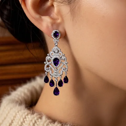 Baroque Vintage Flower Dangle Earrings With Purple Zircon And Silver Earring Post Copper Luxury Palace Style Jewelry