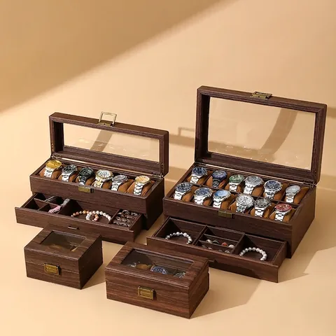 Vintage Wood Grain PU Leather Watch Organizer Jewelry Storage Case Double Layer Multi Compartment Display Holder With Glass Lid Metal Lock For Men Women
