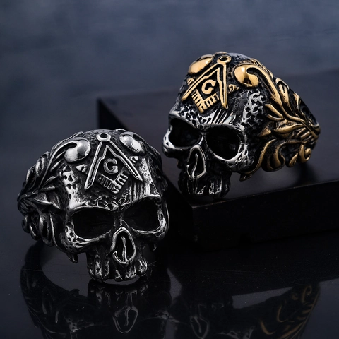 Retro Totenkopf Ring Edelstahl Freimaurer Symbol G Quadrat Kompass Geschnitzter Biker Punk Gotik Schmuck Für Herren